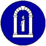 blue field with a white archway with a white candle inside