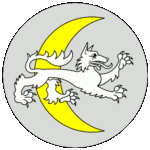 A white wolf over a yellow cressant moon.